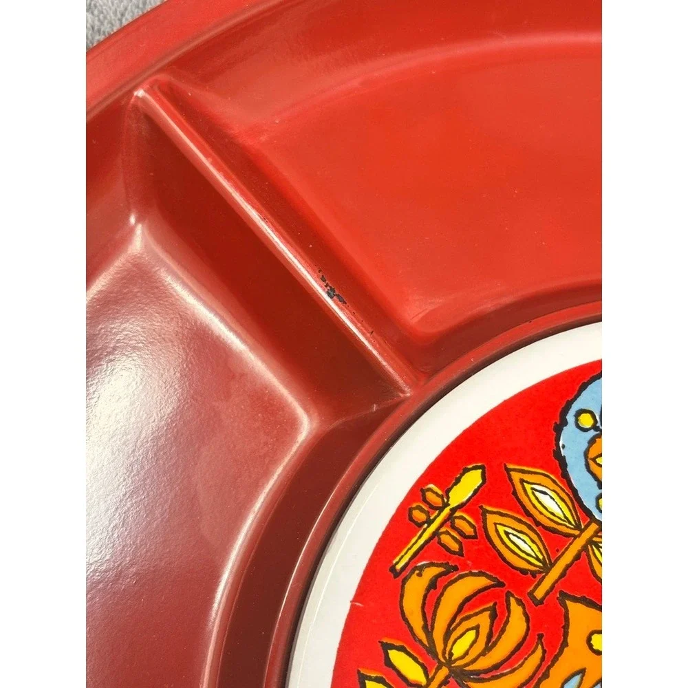 Vtg 1970s Red Melamine Divided Serving Tray Bird Floral Snack Relish Platter 13